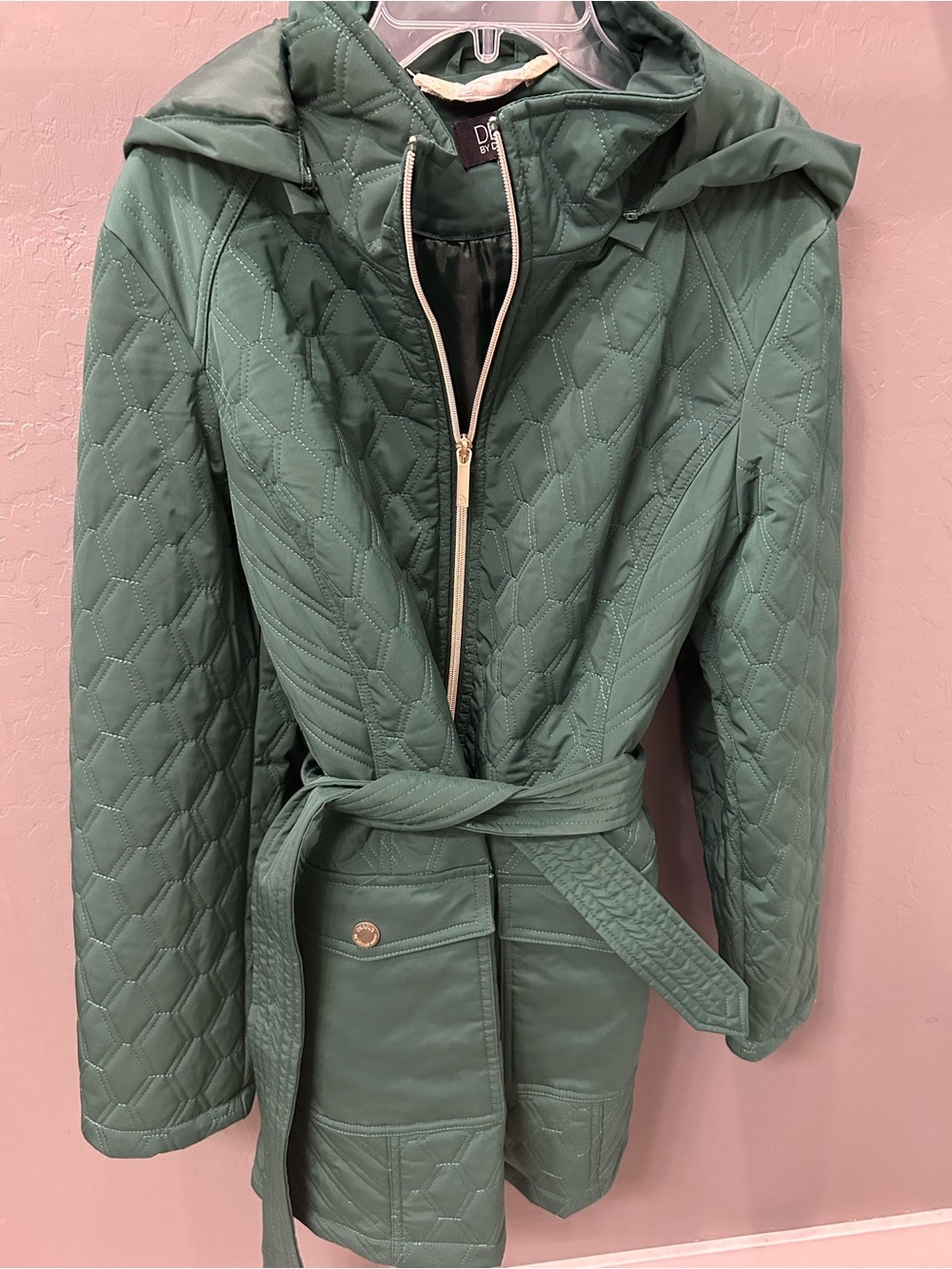Dennis Basso Quilted Green Hooded Belted Coat